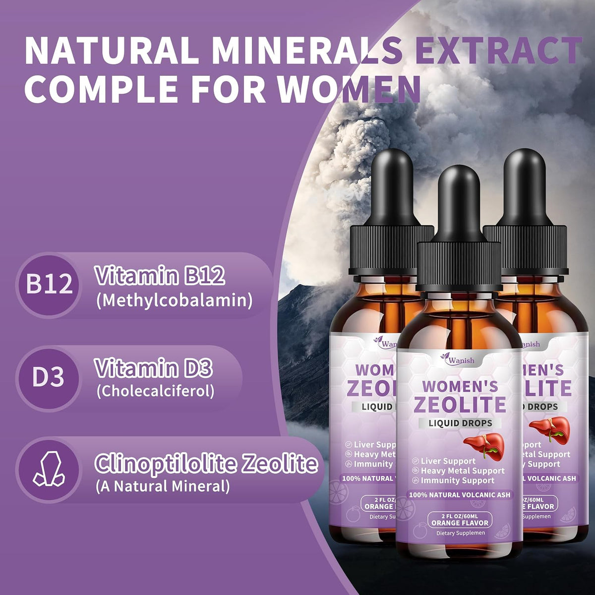 Premium Zeolite Drops for Women - 99%+ Pure Natural Volcanic Ash with B12 & D3 - Immune Support & Energy (177 ml) - görsel 2