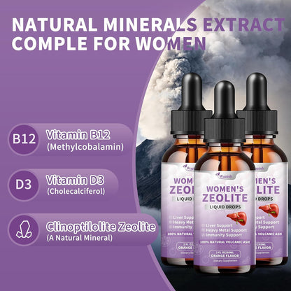 Premium Zeolite Drops for Women - 99%+ Pure Natural Volcanic Ash with B12 & D3 - Immune Support & Energy (177 ml)
