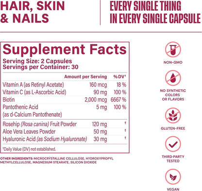 Habit Hair, Skin & Nails Supplement Twin Pack (120 Capsules) - New Look, Supports Skin Hydration, Hair & Nail Strength, Biotin 2000mcg, Vitamin A & C, Hyaluronic Acid, Rosehip, Vegan, Non-GMO