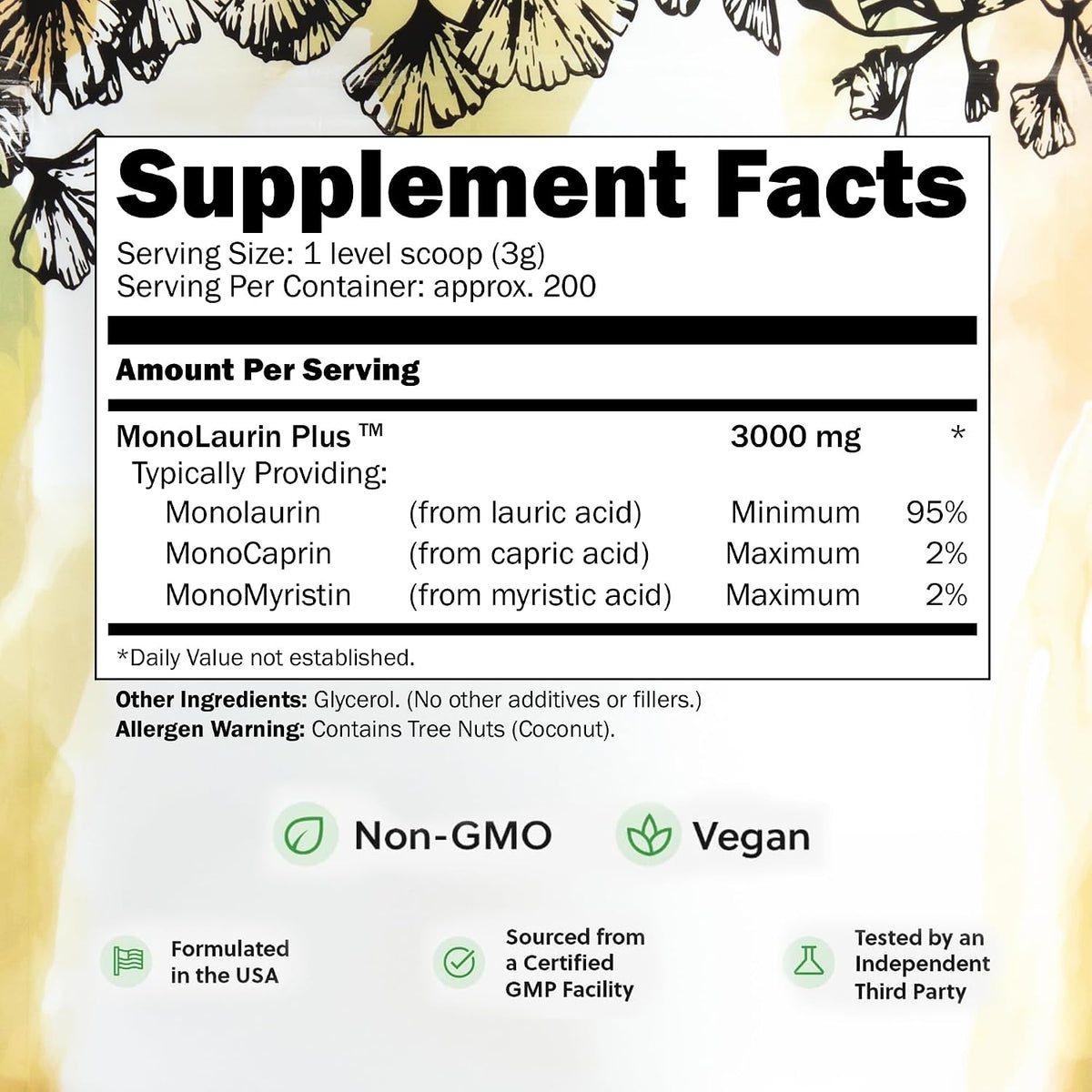 UltraLaurin Monolaurin Supplement – 3,000 mg Coconut-Derived Pellets – 595 g (200 Servings) – Vegan, Non-GMO - görsel 2