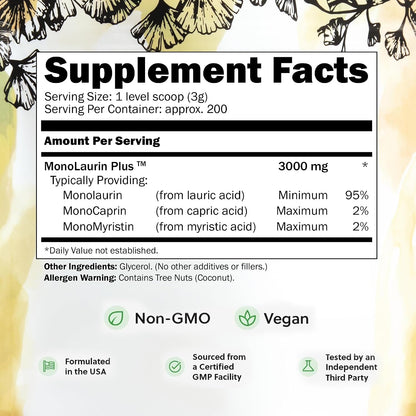 UltraLaurin Monolaurin Supplement – 3,000 mg Coconut-Derived Pellets – 595 g (200 Servings) – Vegan, Non-GMO