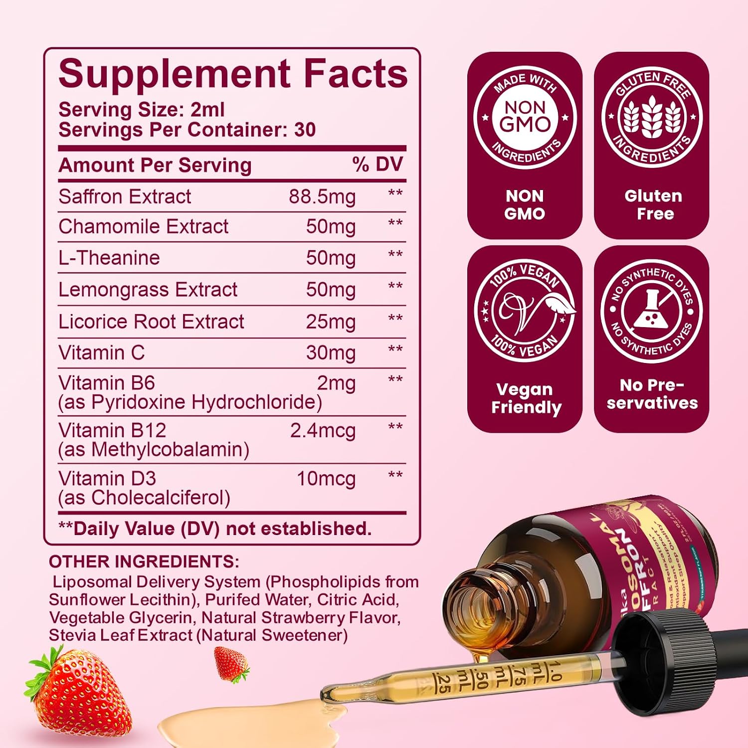 Liposomal Saffron Supplements - 88.5mg Saffron Extract Liquid Drops with L-Theanine, Chamomile, Vitamin C, B6, B12 & D3 for Antioxidant, Immune, Mood, Energy, Focus & Sleep - 60 ml Strawberry Flavour - görsel 2