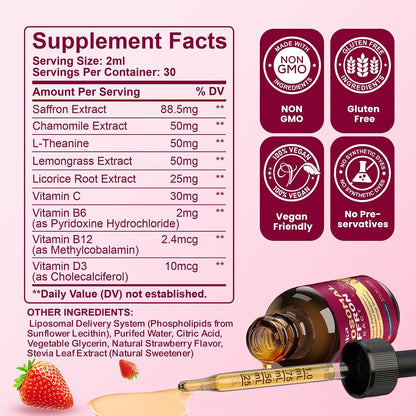 Liposomal Saffron Supplements - 88.5mg Saffron Extract Liquid Drops with L-Theanine, Chamomile, Vitamin C, B6, B12 & D3 for Antioxidant, Immune, Mood, Energy, Focus & Sleep - 60 ml Strawberry Flavour