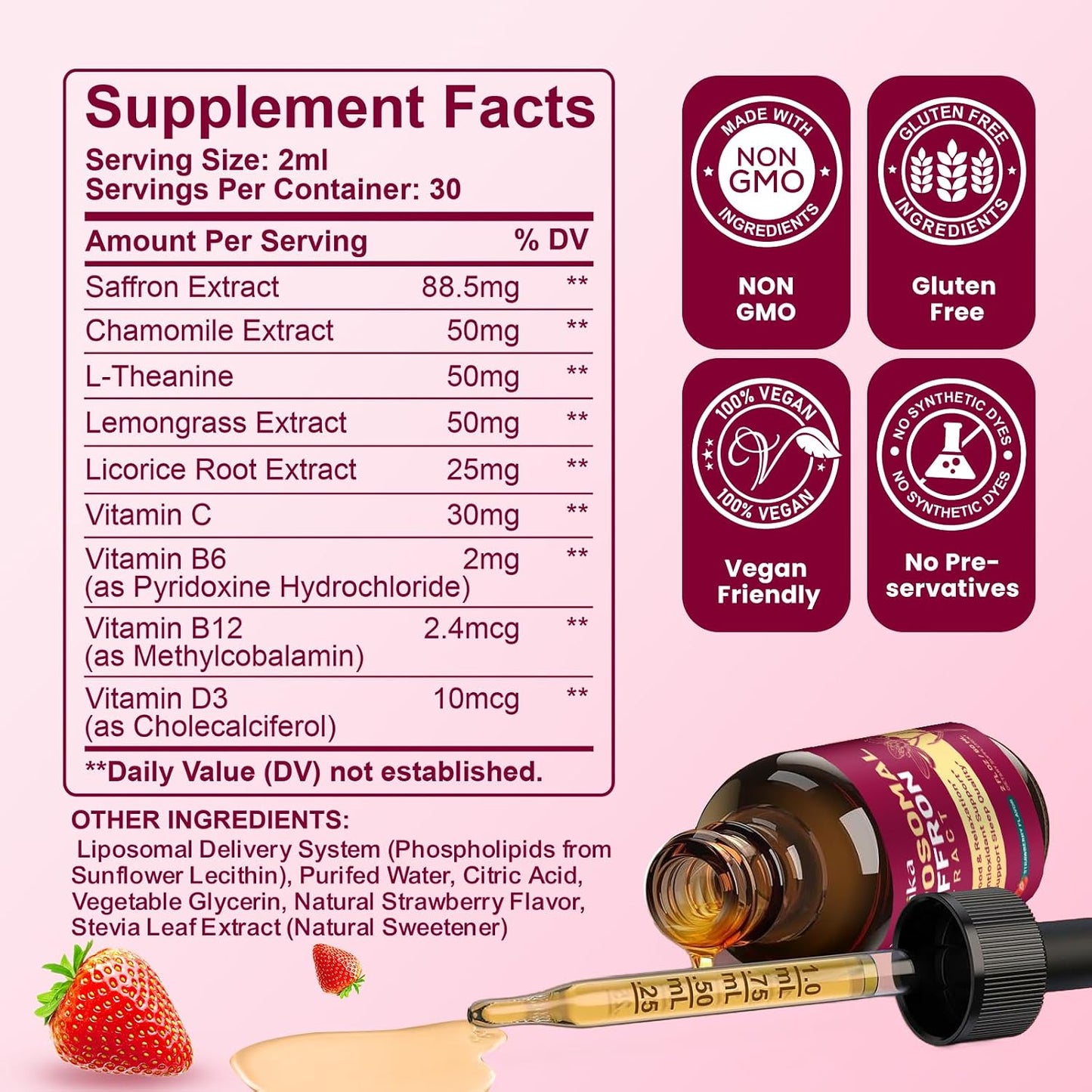 Liposomal Saffron Supplements - 88.5mg Saffron Extract with L-Theanine, Chamomile, Vitamin C, B6, B12 & D3 - Strawberry Flavour (2 Pack) - görsel 2