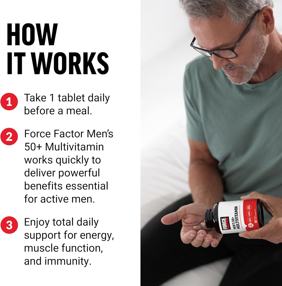 Force Factor Men’s Multivitamin 50 Plus - Daily Multivitamin with 26 Vitamins and Minerals for Energy, Immune Health, and Muscle Function (60 Tablets) - görsel 4