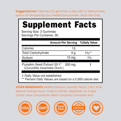 Pumpkin Seed Oil Gummies 4000mg Sugar Free Gummy Supplement with Pumpkin Seed Extract for Adults - Delicious Orange Flavour, Non GMO - Gluten-free, Vegan Supplement & USA-made (60 Gummies)