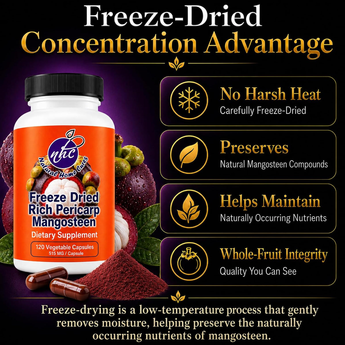 Mangosteen Food Supplement Capsules – Freeze-Dried Pericarp Powder, 515 mg, 480 Vegan Capsules - görsel 4