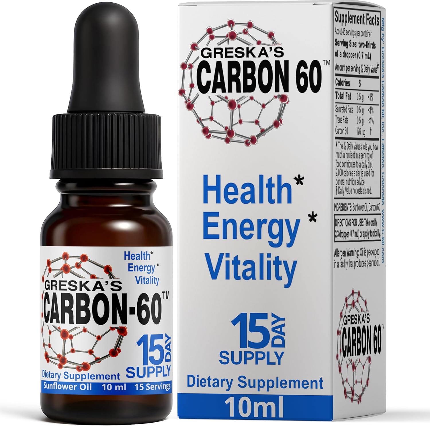 Greska's Carbon 60 in Organic Sunflower Oil - 15 Day Supply - Solvent-Free C60 Antioxidant Formula for Cellular Support, Vitality, Focus and Overall Wellness (10ml) - görsel 1