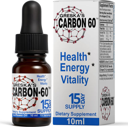Greska's Carbon 60 in Organic Sunflower Oil - 15 Day Supply - Solvent-Free C60 Antioxidant Formula for Cellular Support, Vitality, Focus and Overall Wellness (10ml)