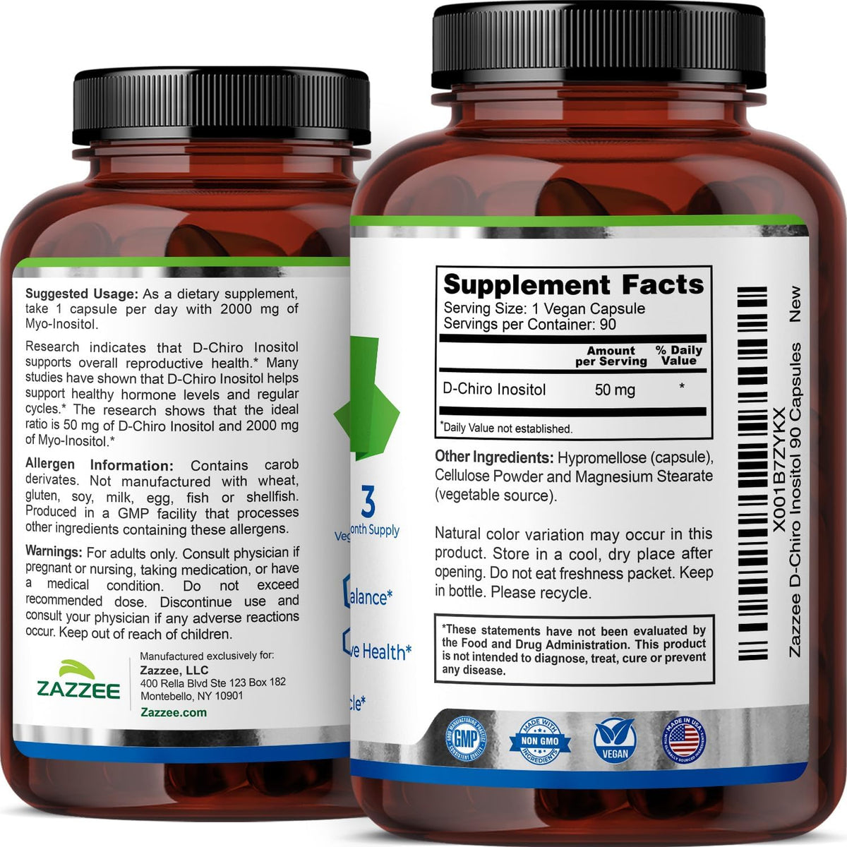 Zazzee D-Chiro-Inositol, 50 mg per Capsule, 90 Vegan Capsules, Ideal for 40:1 Ratio with Myo-Inositol, 3-Month Supply, 100% Vegetarian, Non-GMO - görsel 8