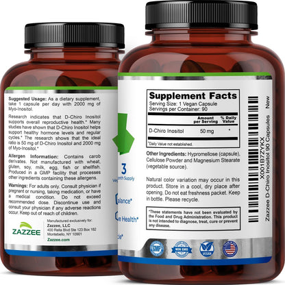 Zazzee D-Chiro-Inositol, 50 mg per Capsule, 90 Vegan Capsules, Ideal for 40:1 Ratio with Myo-Inositol, 3-Month Supply, 100% Vegetarian, Non-GMO