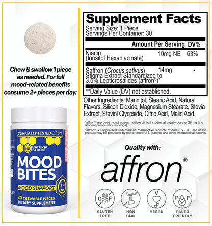 Mood Bites – Saffron & Vitamin B3 Mood Supplement, 30 Chewable Tablets