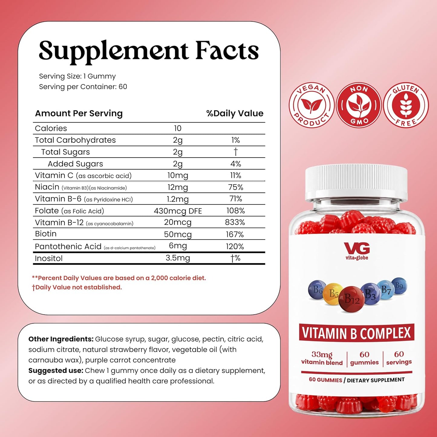 VITA GLOBE B Complex Gummy Vitamins – Vegan Non-GM Strawberry Chewables with Vitamin C, Niacin, B6, B12 & Biotin – Supports Energy, Heart & Brain – 60 Count (2 Pack) - görsel 2