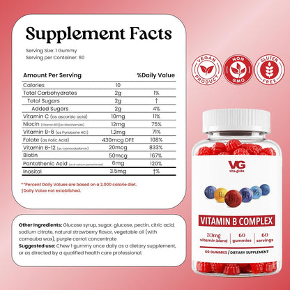 VITA GLOBE B Complex Gummy Vitamins – Vegan Non-GM Strawberry Chewables with Vitamin C, Niacin, B6, B12 & Biotin – Supports Energy, Heart & Brain – 60 Count (2 Pack)