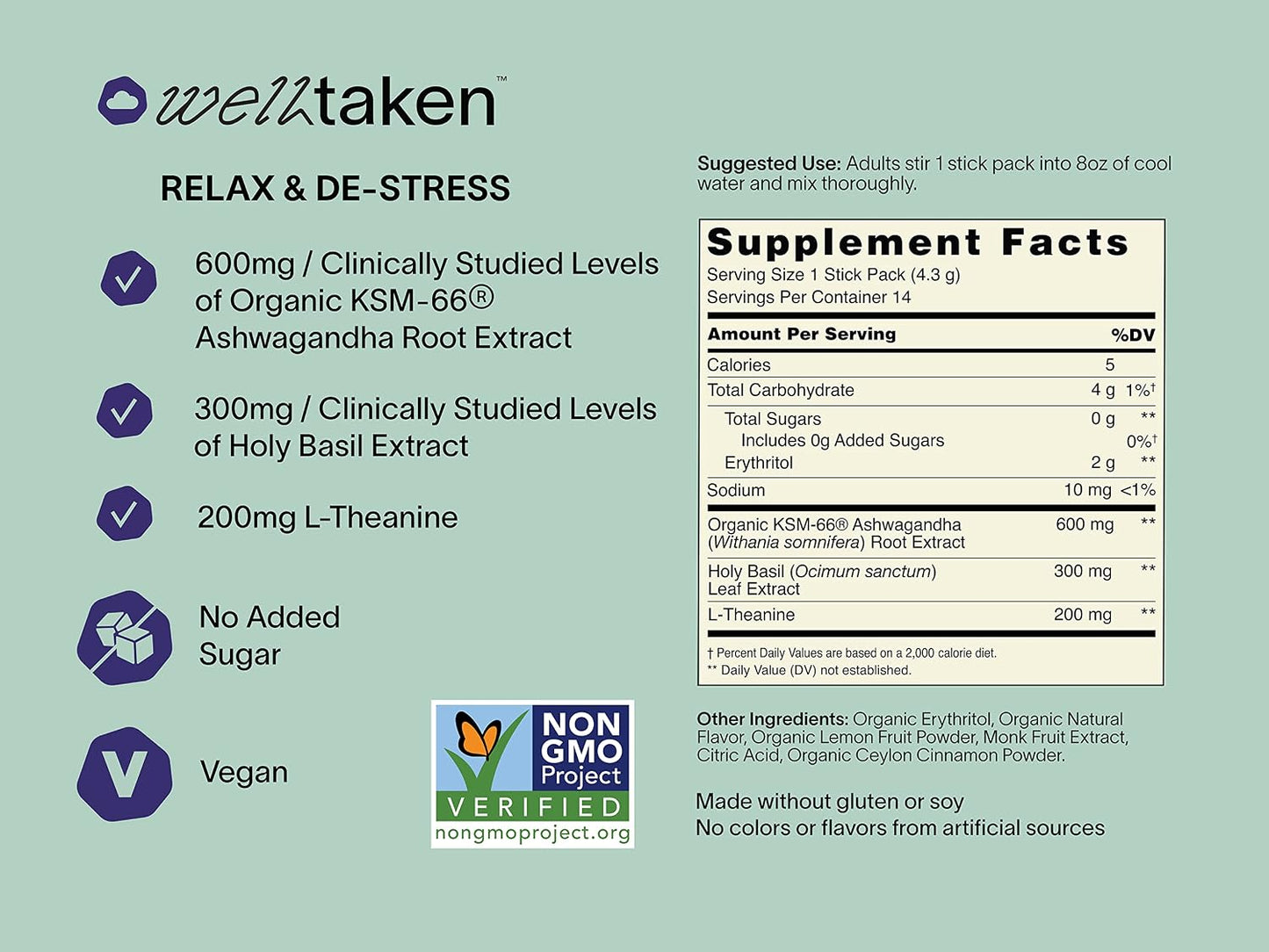 Ashwagandha Relax & De-stress Powder - Lemon Lavender 14ct Box - 600mg Ashwagandha, 200mg L-Theanine, Holy Basil – L-theanine for relaxation – Vegan, No Added Sugar - görsel 4