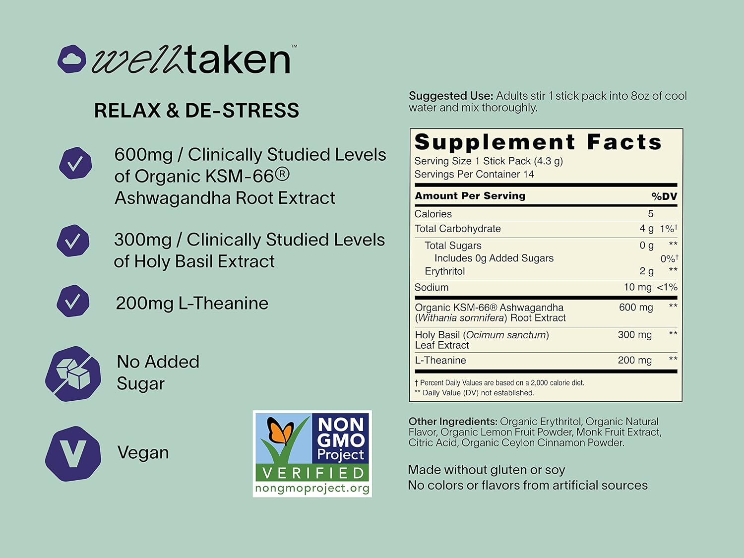 Ashwagandha Relax & De-stress Powder - Lemon Lavender 14ct Box - 600mg Ashwagandha, 200mg L-Theanine, Holy Basil – L-theanine for relaxation – Vegan, No Added Sugar - görsel 4