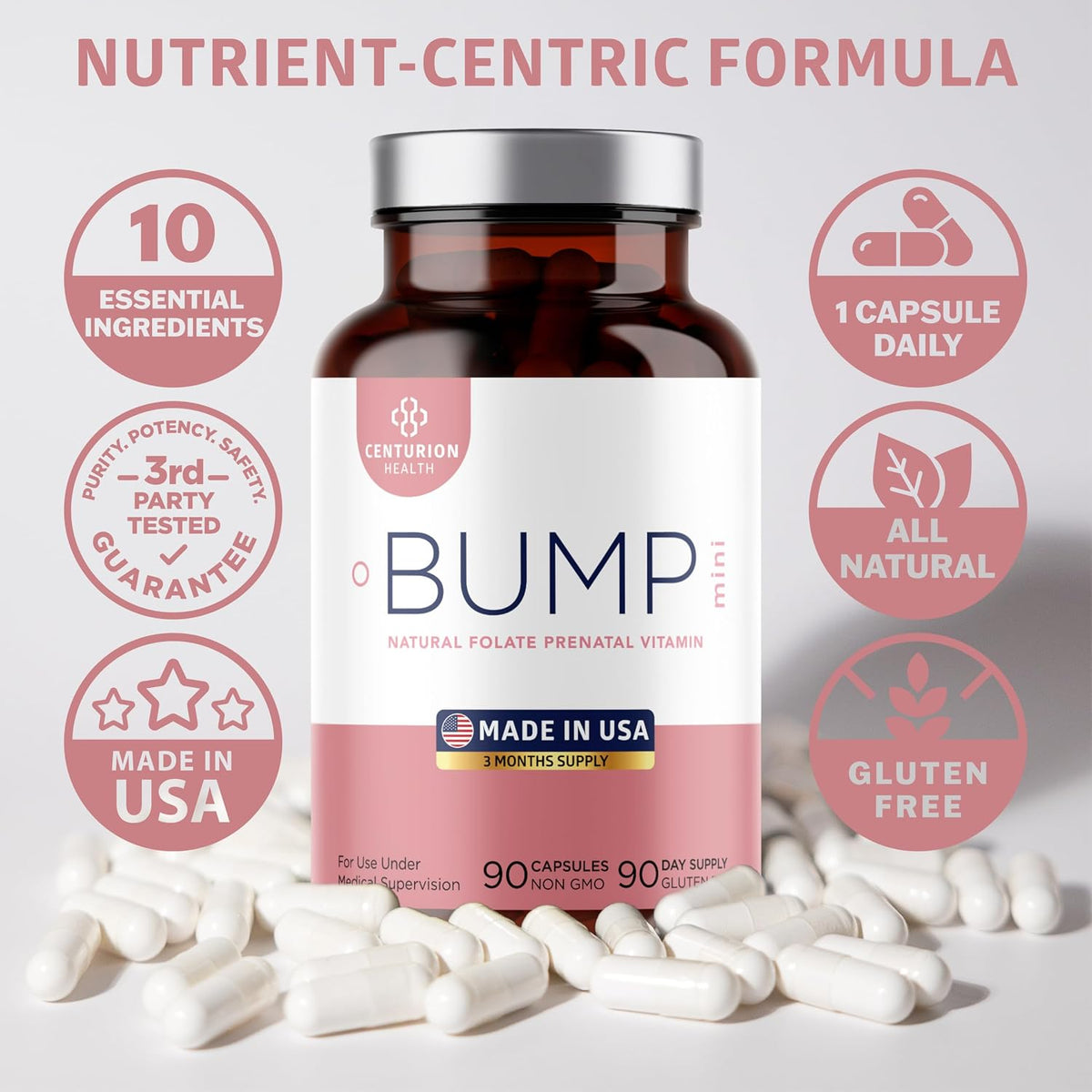 Centurion Health Bump Mini Complete Prenatal Vitamins with Folate, Choline, Carbonyl Iron, Zinc, Vitamin D3 and Vitamin B12 for Foetal Development and Pregnancy Support, 90 Capsules - görsel 7