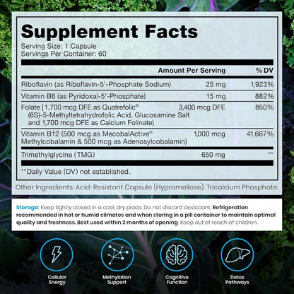 Methylated B Complex Vitamins, Made in the USA, 2-Month Supply, Methyl B Complete with Quatrefolic 5-MTHF Folate, B12 Methylcobalamin, TMG Trimethylglycine, Methylfolate, Pharm Grade, 60 Count