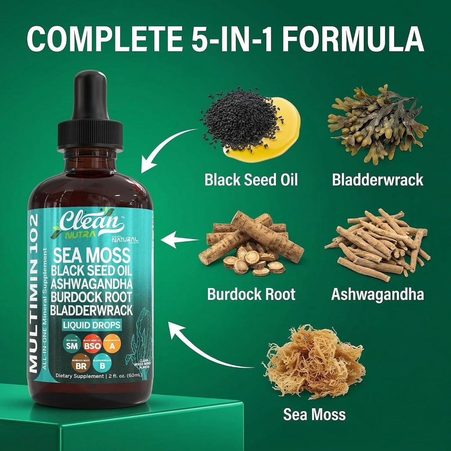 Clean Nutra Organic Sea Moss Drops | with Black Seed Oil, Ashwagandha, Burdock Root & Bladderwrack - Vegan Multimineral Liquid for Gut Health, Energy, Skin, Immune Support & Hair - görsel 4