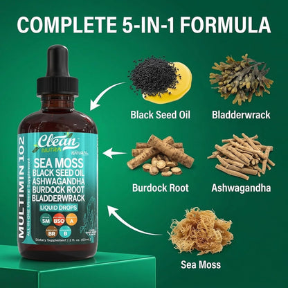 Clean Nutra Organic Sea Moss Drops | with Black Seed Oil, Ashwagandha, Burdock Root & Bladderwrack - Vegan Multimineral Liquid for Gut Health, Energy, Skin, Immune Support & Hair