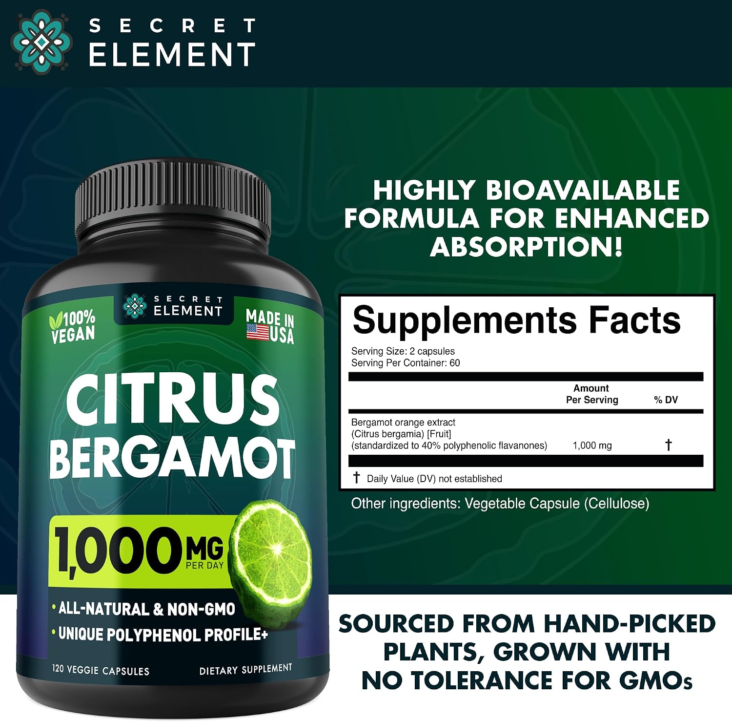 Secret Element Citrus Bergamot Extract 1000mg - Polyphenol-Rich Food Supplement, 120 Vegan Capsules - görsel 3