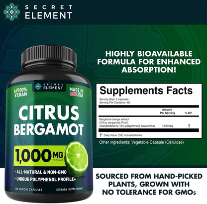 Secret Element Citrus Bergamot Extract 1000mg - Polyphenol-Rich Food Supplement, 120 Vegan Capsules