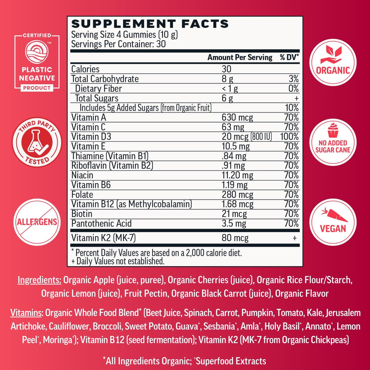 Llama Naturals Multivitamin for Women and Men, Vegan, Organic Gummies with Vitamin D, C and K, Real Fruit Gummy Vitamins, No Added Sugar, Cherry, 120 Gummies - görsel 3