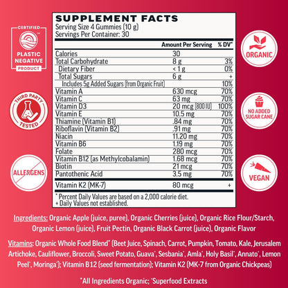 Llama Naturals Multivitamin for Women and Men, Vegan, Organic Gummies with Vitamin D, C and K, Real Fruit Gummy Vitamins, No Added Sugar, Cherry, 120 Gummies