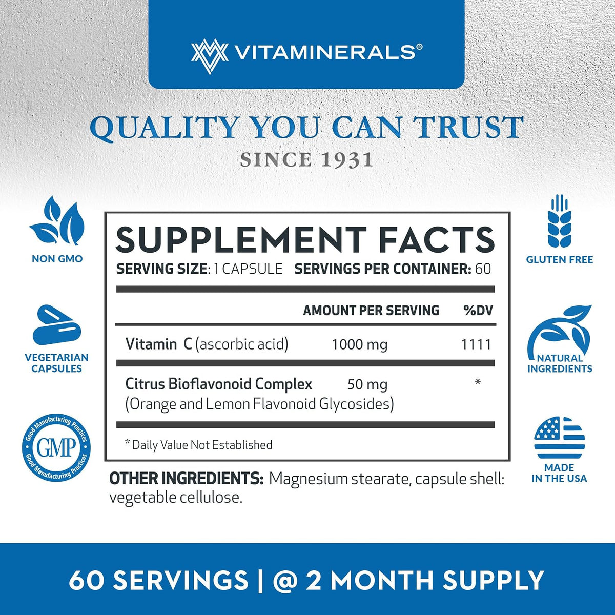 Vitaminerals C MAX Antioxidant Support 1,000 mg Vitamin C with Bioflavonoids - Vegetarian Capsules (60 Capsules) - görsel 2