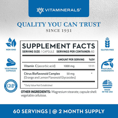 Vitaminerals C MAX Antioxidant Support 1,000 mg Vitamin C with Bioflavonoids - Vegetarian Capsules (60 Capsules)