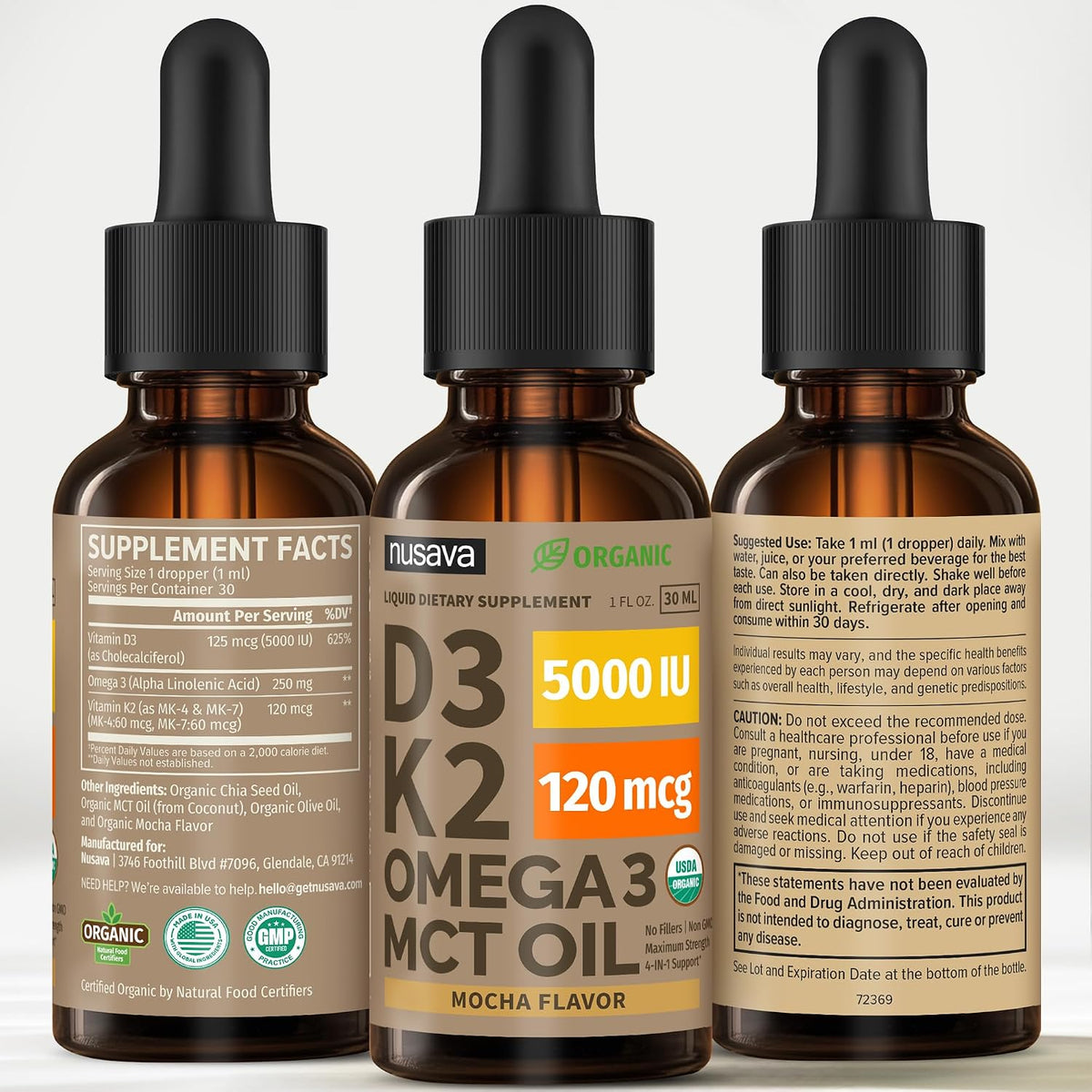 (2 Pack) Organic Vitamin D3 K2 Drops with MCT Oil & Omega 3 - Liquid Vitamin D3 5000 IU - K2 D3 Vitamin Supplement - Vitamin D Drops for Women & Men - No Fillers, Non-GMO, GMP, Mocha Flavour (2 Fl Oz) - görsel 8