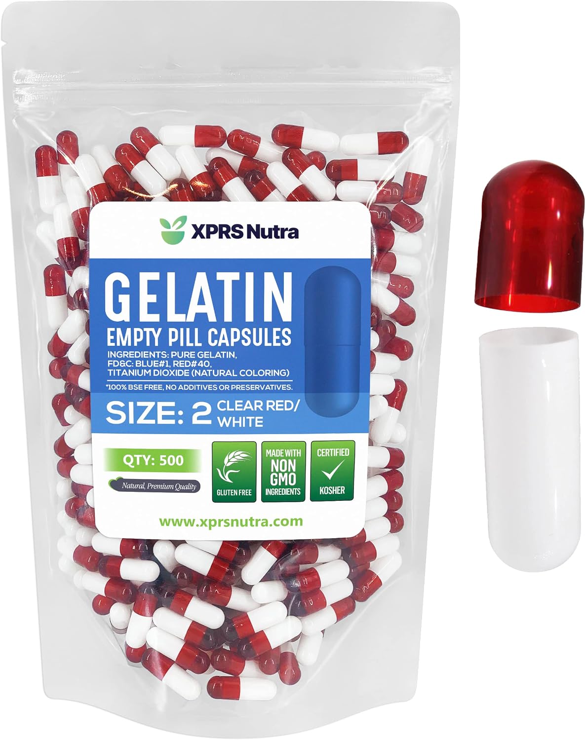 XPRS Nutra Size 2 Empty Gelatine Capsules - 500 Count - DIY Capsule Filling - Pure Bovine (Clear Red/White) - görsel 1