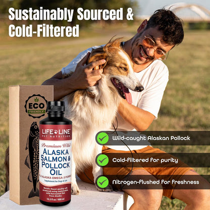 Life Line Pet Nutrition Wild Alaska Salmon & Pollock Oil – Omega 3 Supplement for Dogs and Cats in All Life Stages, 488 ml