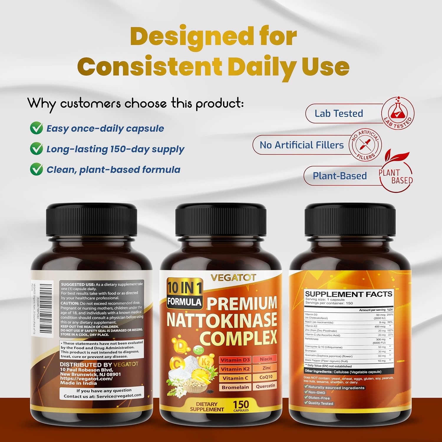 Vegatot Nattokinase Supplement, 10-in-1 Nattokinase Complex 6000 FU with Vitamin K2, CoQ10, Quercetin, Bromelain, and Niacin, Daily Enzyme and Wellness Support*, 150 Capsules, Non-GMO, Gluten-free - görsel 8