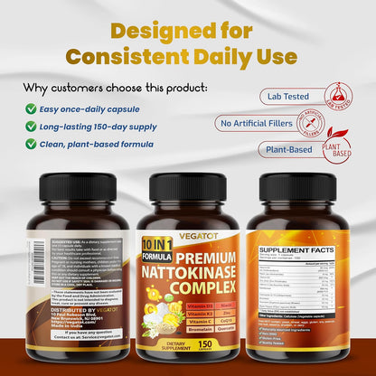 Vegatot Nattokinase Supplement, 10-in-1 Nattokinase Complex 6000 FU with Vitamin K2, CoQ10, Quercetin, Bromelain, and Niacin, Daily Enzyme and Wellness Support*, 150 Capsules, Non-GMO, Gluten-free
