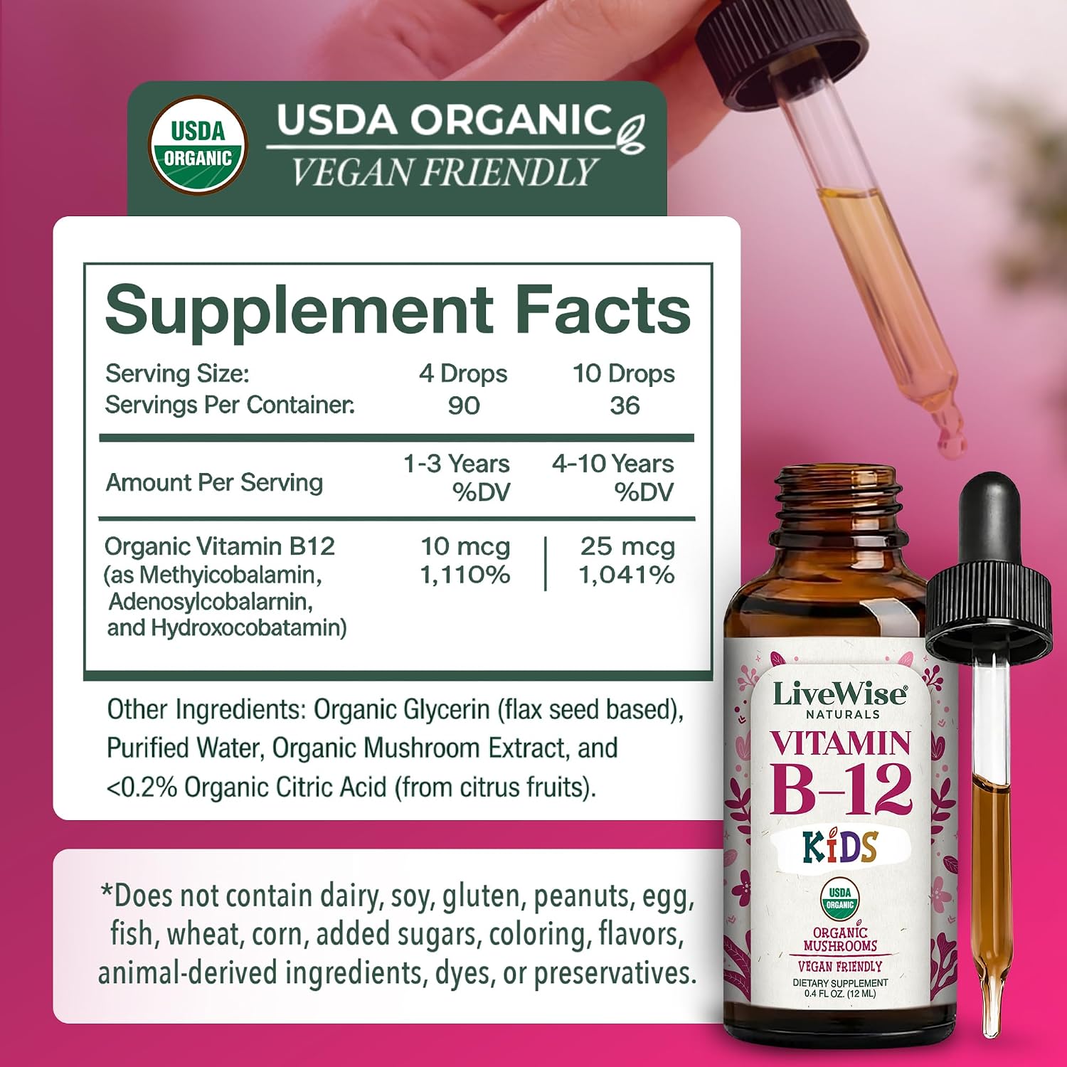 Live Wise Naturals Vitamin B12 Liquid Drops for Children – Vegan, Non-GM, Low Dose (5mcg per serving) - görsel 3