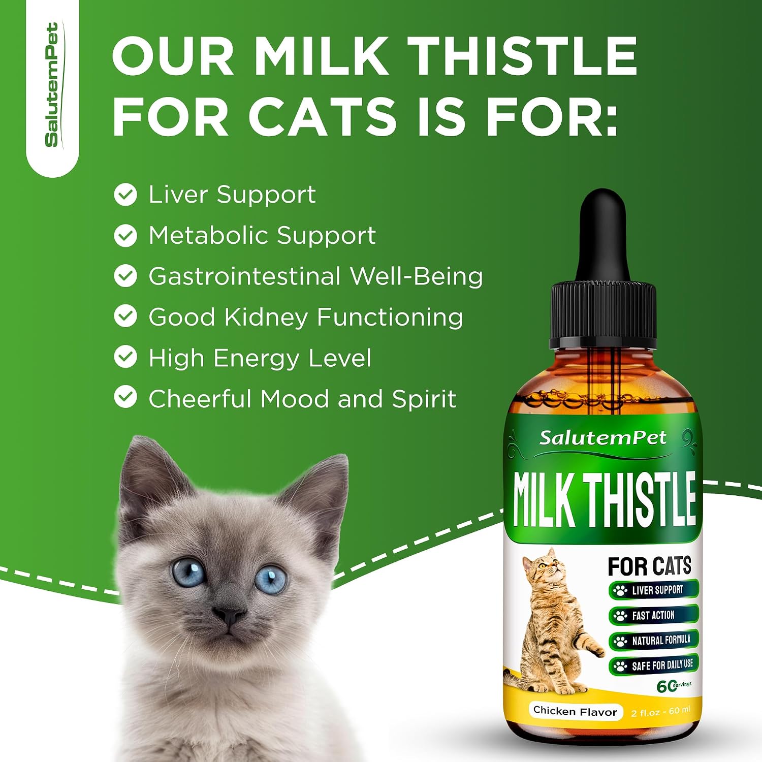 SalutemPet Cat Kidney Support - Milk Thistle Herbal Supplement for Cats, Chicken Flavour, 60 ml - görsel 2