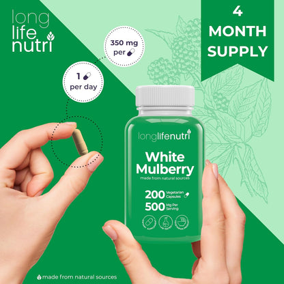 White Mulberry Leaf Extract 500mg - 200 Vegetarian Capsules, Non-GM, GMP Certified, Made in USA