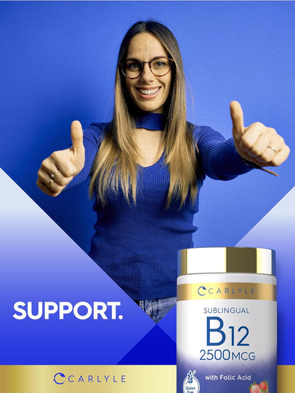 Carlyle Vitamin B12 Sublingual 2500mcg - 250 Fast-Dissolve Tablets - Cyanocobalamin with Folic Acid, Natural Berry Flavour
