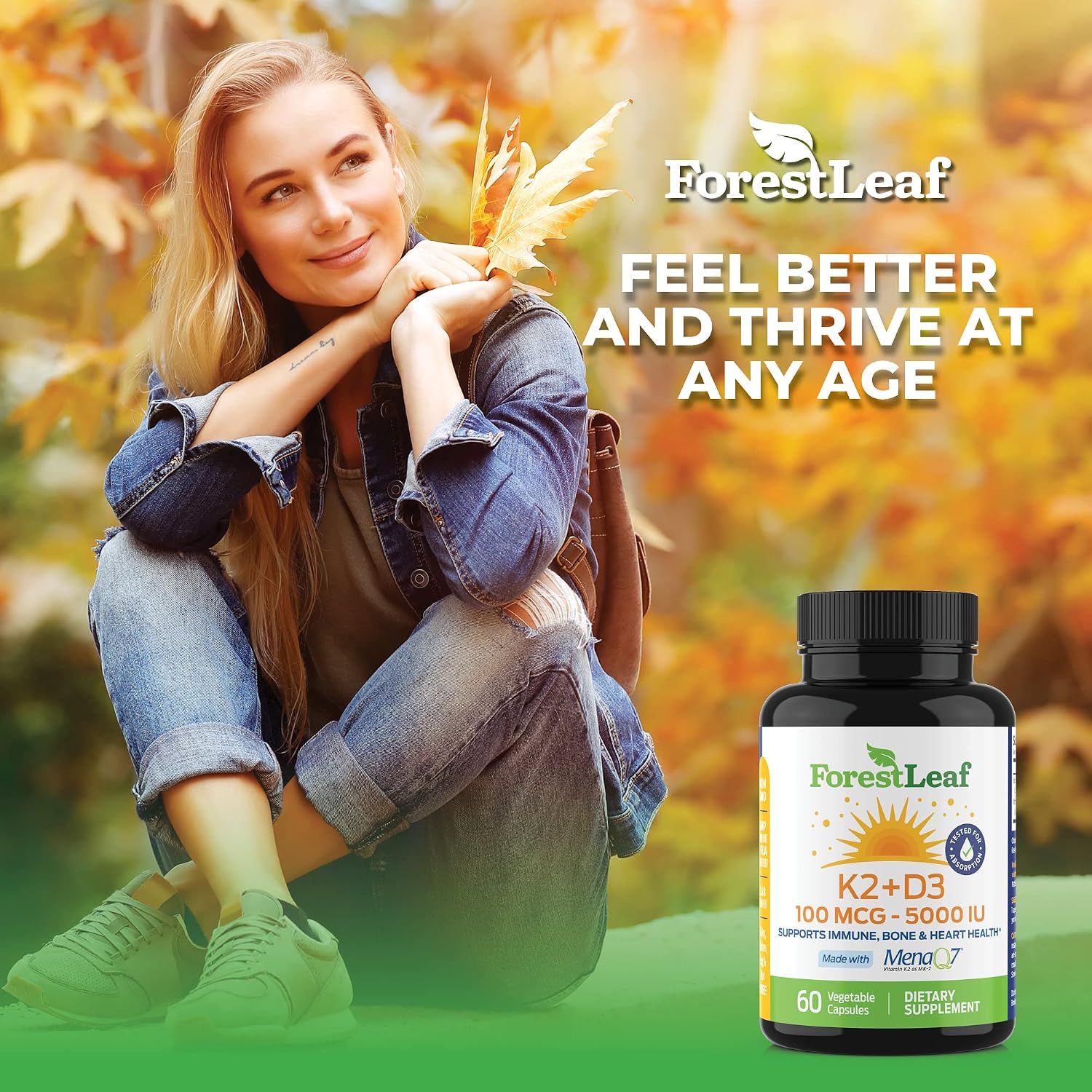 ForestLeaf Vitamin D3 + K2 (MK7) Supplement - 5000 IU with MenaQ7 - 60 Vegetarian Capsules - görsel 8