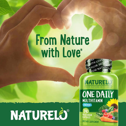 NATURELO Men's Multivitamin - One Daily with Organic Whole Foods, Non-GMO, 240 Capsules