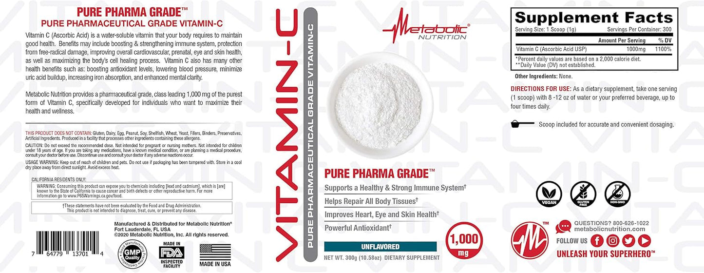 Metabolic Nutrition Vitamin C, 1000mg, Pure Pharma Grade, High Absorption Ascorbic Acid (300g) - görsel 4