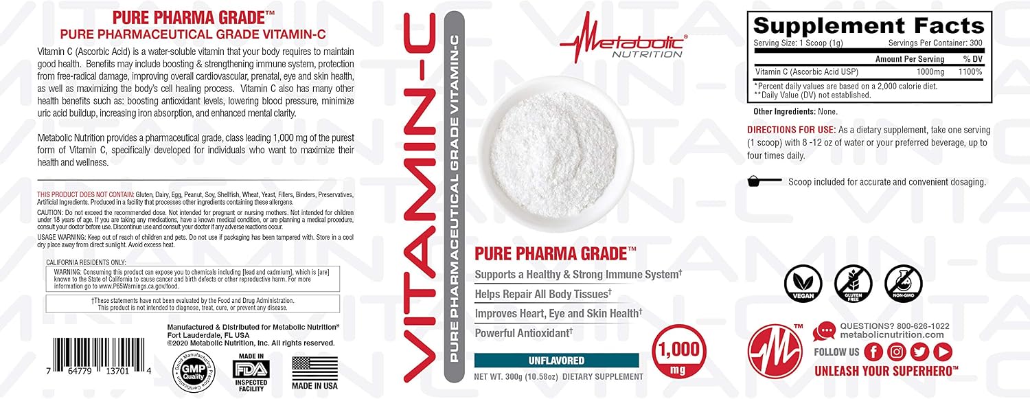 Metabolic Nutrition Vitamin C, 1000mg, Pure Pharma Grade, High Absorption Ascorbic Acid (300g) - görsel 4