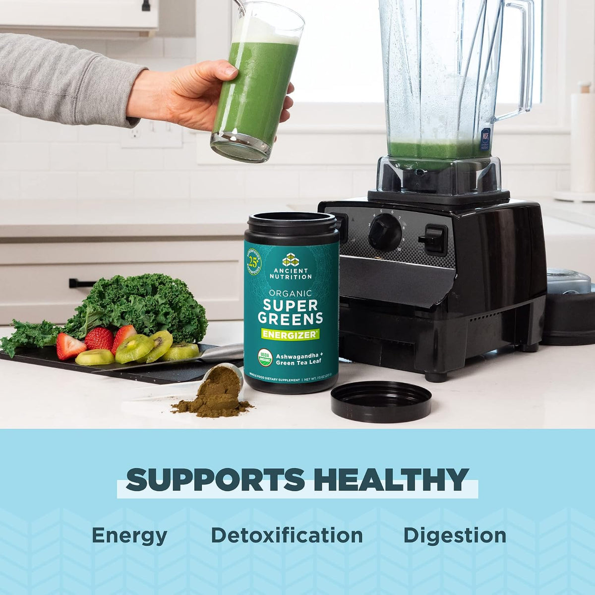 Ancient Nutrition Organic SuperGreens Energiser Powder with Probiotics and B12, Made from Real Fruits, Vegetables and Herbs, for Digestive, Detoxification and Energy Support, 25 Servings - görsel 4