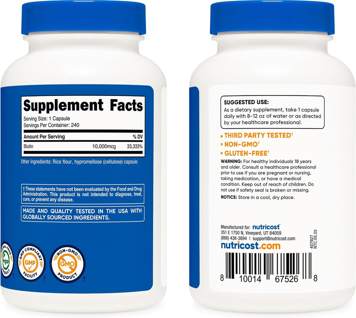 Nutricost Biotin (Vitamin B7) 10,000 µg (10 mg) Supplement, 240 Capsules – Vegetarian, Gluten-free, Non-GMO - görsel 4