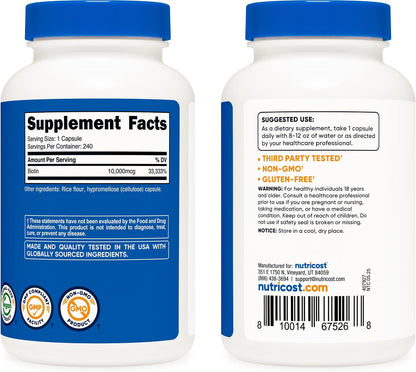 Nutricost Biotin (Vitamin B7) 10,000 µg (10 mg) Supplement, 240 Capsules – Vegetarian, Gluten-free, Non-GMO