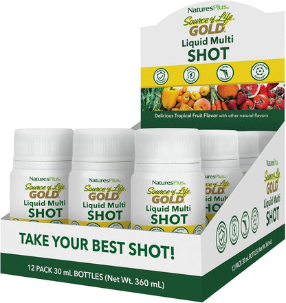 NaturesPlus Source of Life GOLD Liquid Multi Shot - 30 ml (1 fl oz), Case of 12 - Tropical Fruit Flavour - Provides Nutrients from 100+ Fruits and Vegetables - 12 Servings