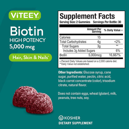 Viteey Biotin Gummies 5000 mcg – Hair, Skin and Nails Support (120 Gummies)