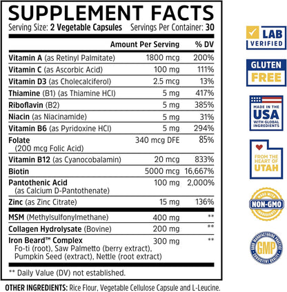 Zhou Iron Beard - Beard Growth Vitamins for Men, Premium Biotin, Saw Palmetto & B Vitamins for Facial Hair Support - 60 Veggie Capsules
