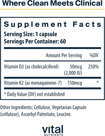 Vital Nutrients Vitamin D3 + K2 – 2000 IU – 60 Capsules